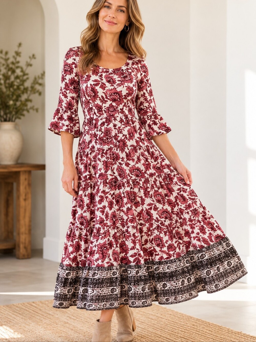 Soft Surroundings PXS Petite Floral Tiered Midi Dress Boho Bell Sleeve Rayon